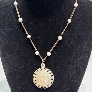 Antique Mother Of Pearl Saint Rosary Necklace Milk Glass Jewelry Religious